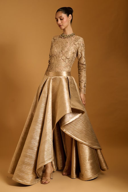 Siddartha Tytler Gold Net Embroidery, Zari, Applique High Neck Bodysuit Online at Aza Fashions Siddartha Tytler_Gold Net Embroidery, Zari, Applique High Neck Bodysuit _Online_at_Aza_Fashions