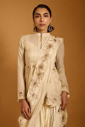 Buy_Siddartha Tytler_Ivory Chanderi, Rayon Embroidery, Zari, Crystals Mandarin Collar Anarkali Set _Online_at_Aza_Fashions