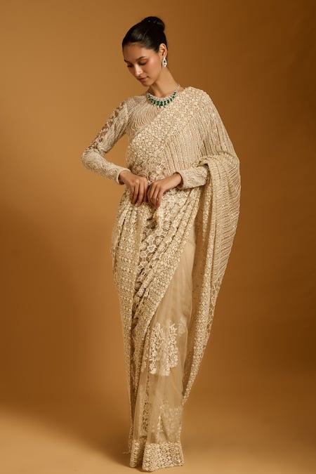 Siddartha Tytler_Ivory Net Embroidery, Sequins Round Neck Saree With Blouse _Online_at_Aza_Fashions