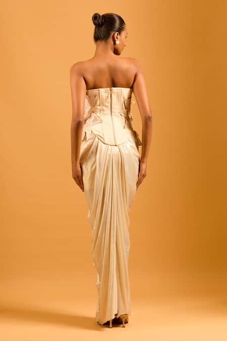 Siddartha Tytler Gold Petal Applique Work Draped Skirt 