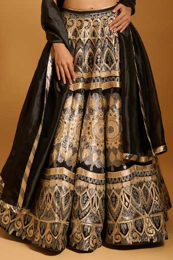 Siddartha Tytler_Black Organza, Dupion Sequins, Zari Bandeau Neck Lehenga Set _Online_at_Aza_Fashions