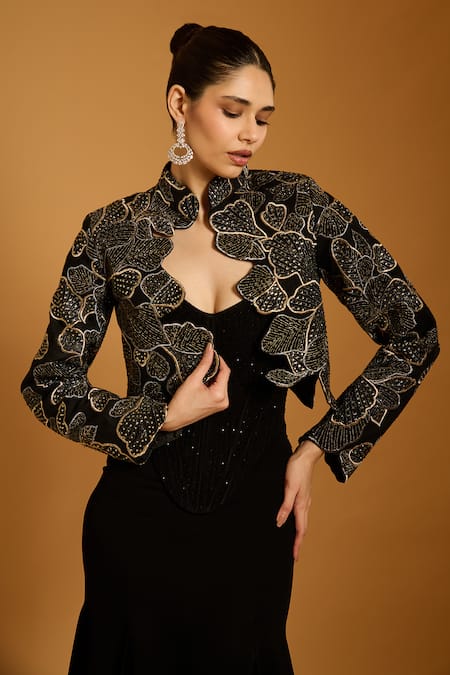 Buy_Siddartha Tytler_Black Crystals Sweetheart Neck Quilted Embellished Corset _Online_at_Aza_Fashions