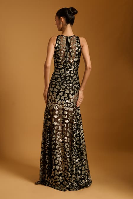 Siddartha Tytler Trifecta Cheetah Sequin Embroidered Gown