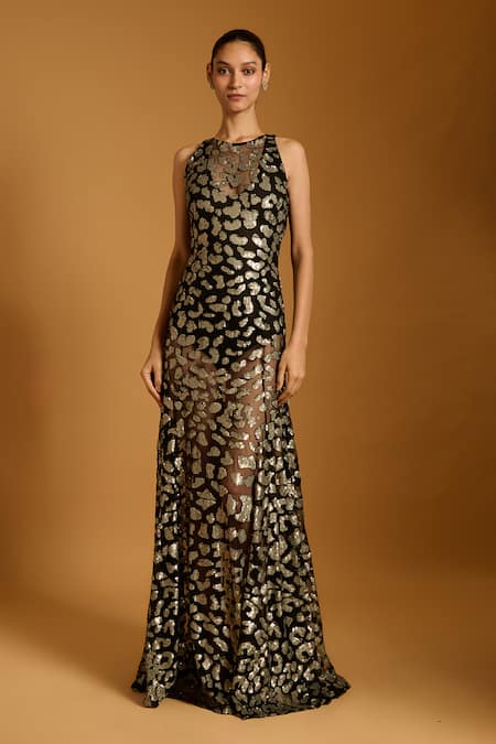 Siddartha Tytler Trifecta Cheetah Sequin Embroidered Gown
