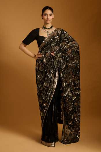 Siddartha Tytler Black Net Sequins Square Neck Embroidered Floral Saree With Blouse Online at Aza Fashions Siddartha Tytler_Black Net Sequins Square Neck Embroidered Floral Saree With Blouse _Online_at_Aza_Fashions