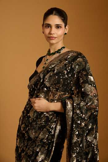Buy Siddartha Tytler Black Net Sequins Square Neck Embroidered Floral Saree With Blouse Online at Aza Fashions Buy_Siddartha Tytler_Black Net Sequins Square Neck Embroidered Floral Saree With Blouse _Online_at_Aza_Fashions