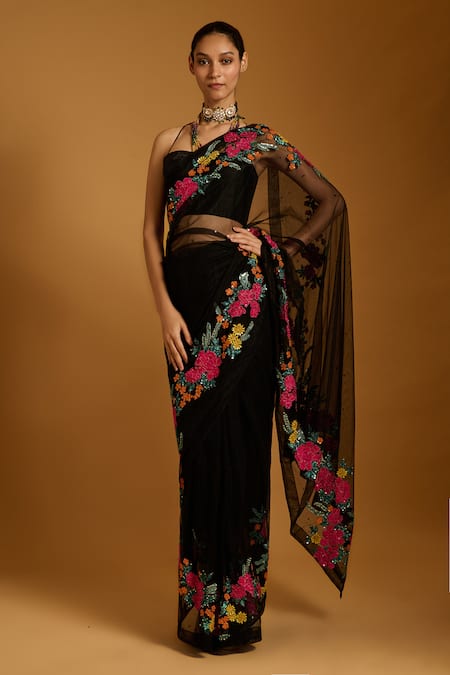 Siddartha Tytler Floral Embroidered Net Saree & Blouse Set 