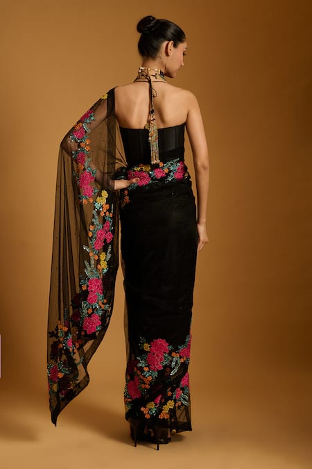 Siddartha Tytler Floral Embroidered Net Saree & Blouse Set 