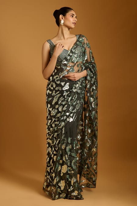 Siddartha Tytler Sequin Cheetah Embellished Saree With Blouse 