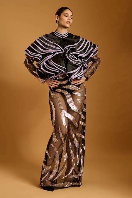 Siddartha Tytler Sequin Zebra Embroidered Sheer Gown