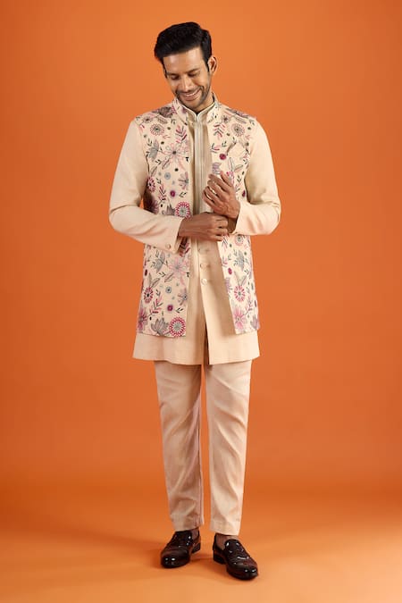 Buy Arihant Rai Sinha Cream Handloom Cotton, Silk Embroidery Bundi And Kurta Set Online at Aza Fashions Buy_Arihant Rai Sinha_Cream Handloom Cotton, Silk Embroidery Bundi And Kurta Set _Online_at_Aza_Fashions