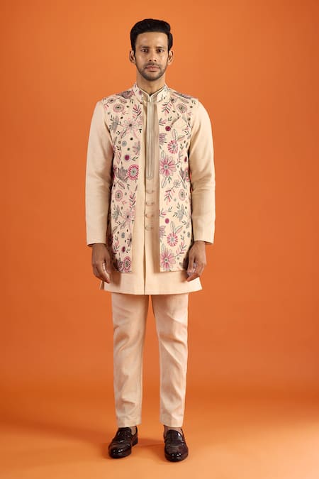 Shop Arihant Rai Sinha Cream Handloom Cotton, Silk Embroidery Bundi And Kurta Set Online at Aza Fashions Shop_Arihant Rai Sinha_Cream Handloom Cotton, Silk Embroidery Bundi And Kurta Set _Online_at_Aza_Fashions