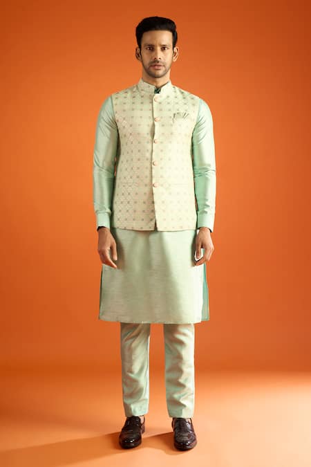 Buy_Arihant Rai Sinha_Green Silk, Jacquard Embroidery Geometric Pattern Bundi And Kurta Set _Online_at_Aza_Fashions