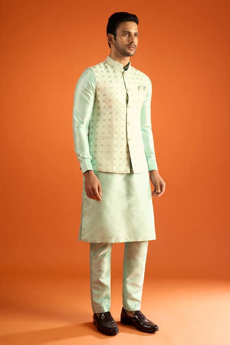 Shop_Arihant Rai Sinha_Green Silk, Jacquard Embroidery Geometric Pattern Bundi And Kurta Set _Online_at_Aza_Fashions