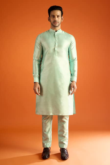 Arihant Rai Sinha_Green Silk, Jacquard Embroidery Geometric Pattern Bundi And Kurta Set _at_Aza_Fashions