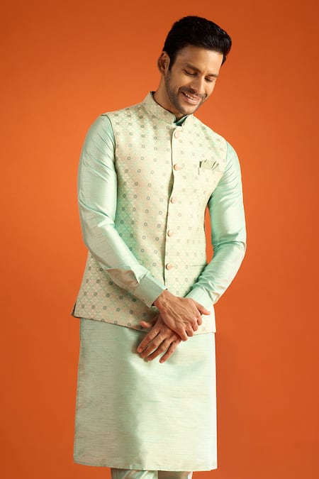 Buy_Arihant Rai Sinha_Green Silk, Jacquard Embroidery Geometric Pattern Bundi And Kurta Set 
