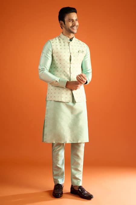 Shop_Arihant Rai Sinha_Green Silk, Jacquard Embroidery Geometric Pattern Bundi And Kurta Set 