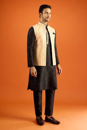 Shop_Arihant Rai Sinha_Black Silk Zari Kurta Set With Bundi 