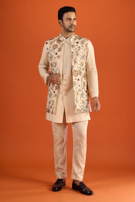 Shop_Arihant Rai Sinha_Cream Silk, Handloom Cotton, Satin Embroidery Bundi And Kurta Set _Online_at_Aza_Fashions