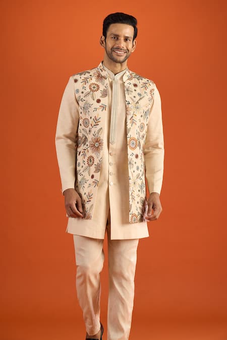 Buy_Arihant Rai Sinha_Cream Silk, Handloom Cotton, Satin Embroidery Bundi And Kurta Set 