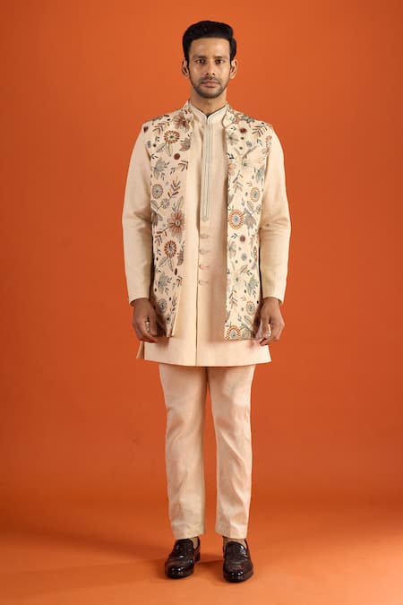 Shop_Arihant Rai Sinha_Cream Silk, Handloom Cotton, Satin Embroidery Bundi And Kurta Set 