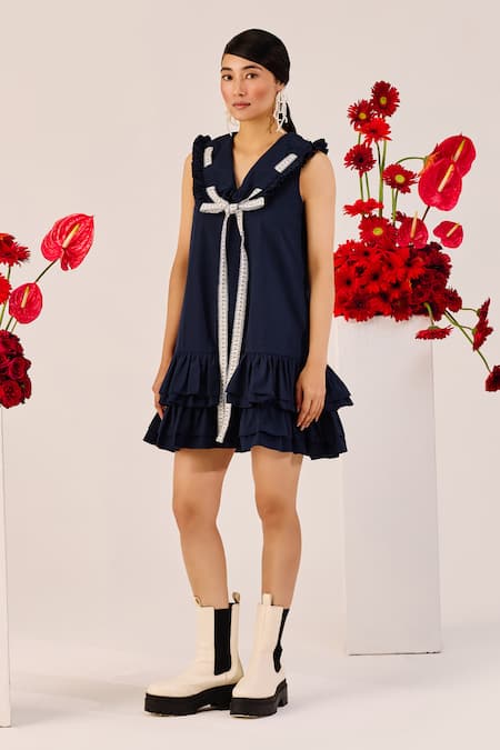 Therealb_Blue Cotton Ruffles, Bows V-neck Navy Mini Dress _at_Aza_Fashions