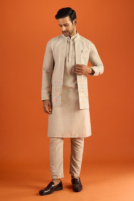 Buy_Arihant Rai Sinha_Grey Embroidery, Zari Sleeveless Bundi Kurta Set _Online_at_Aza_Fashions