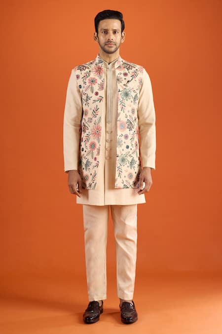 Shop Arihant Rai Sinha Cream Embroidery Kurta Set With Floral Pattern Bundi Shop_Arihant Rai Sinha_Cream Embroidery Kurta Set With Floral Pattern Bundi