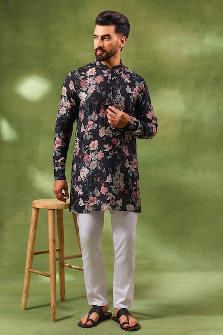 Shop Spring Break Black Silk, Cotton Digital Print Kurta Set Online at Aza Fashions Shop_Spring Break_Black Silk, Cotton Digital Print Kurta Set _Online_at_Aza_Fashions
