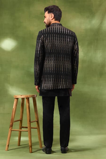 Shop Spring Break Black Viscose, Cotton Satin Embroidery, Sequins Jacket And Kurta Set Online at Aza Fashions Shop_Spring Break_Black Viscose, Cotton Satin Embroidery, Sequins Jacket And Kurta Set _Online_at_Aza_Fashions