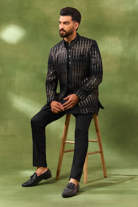 Spring Break Black Viscose, Cotton Satin Embroidery, Sequins Jacket And Kurta Set at Aza Fashions Spring Break_Black Viscose, Cotton Satin Embroidery, Sequins Jacket And Kurta Set _at_Aza_Fashions