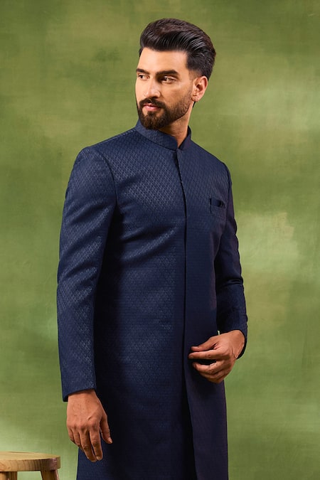 Spring Break_Blue Silk, , Satin Embroidery Geometric Sherwani Set _Online_at_Aza_Fashions