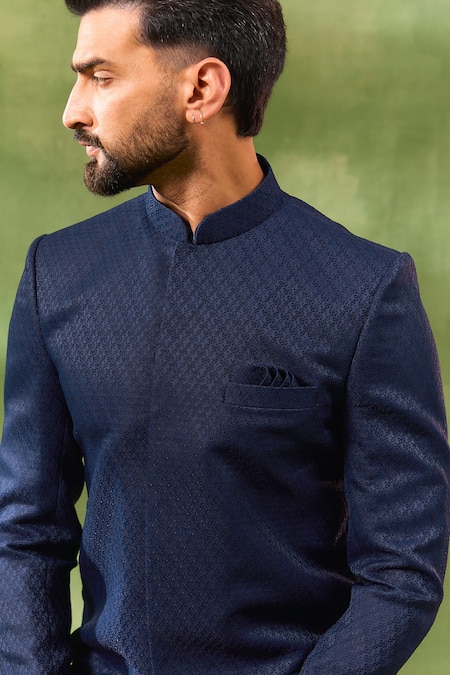 Buy_Spring Break_Blue Silk, , Satin Embroidery Geometric Sherwani Set _Online_at_Aza_Fashions