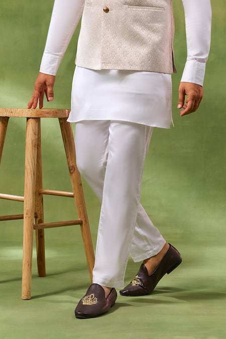 Spring Break_Ivory Silk, , Satin Embroidery Jacquard Bundi And Kurta Set _Online_at_Aza_Fashions