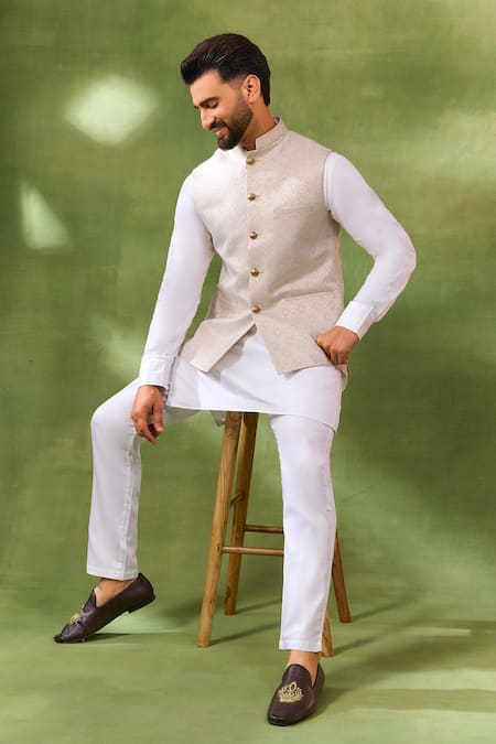 Buy_Spring Break_Ivory Silk, , Satin Embroidery Jacquard Bundi And Kurta Set _Online_at_Aza_Fashions