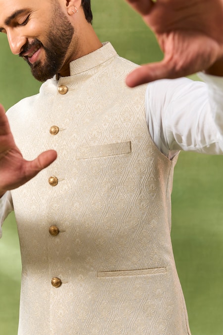 Shop_Spring Break_Ivory Silk, , Satin Embroidery Jacquard Bundi And Kurta Set _Online_at_Aza_Fashions