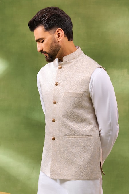 Spring Break_Ivory Silk, , Satin Embroidery Jacquard Bundi And Kurta Set _at_Aza_Fashions