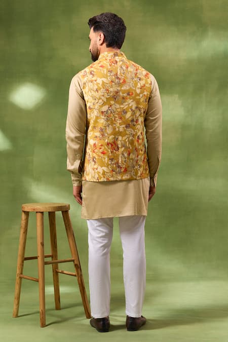 Spring Break Yellow Botanical Print Bundi & Kurta Set 