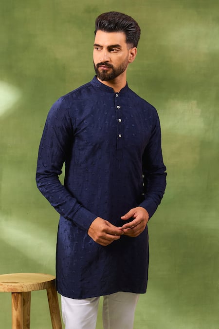 Spring Break_Blue Silk, Cotton Embroidery Navy Thread Kurta Set _Online_at_Aza_Fashions
