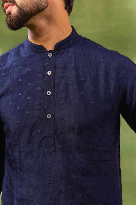 Spring Break_Blue Silk, Cotton Embroidery Navy Thread Kurta Set _at_Aza_Fashions