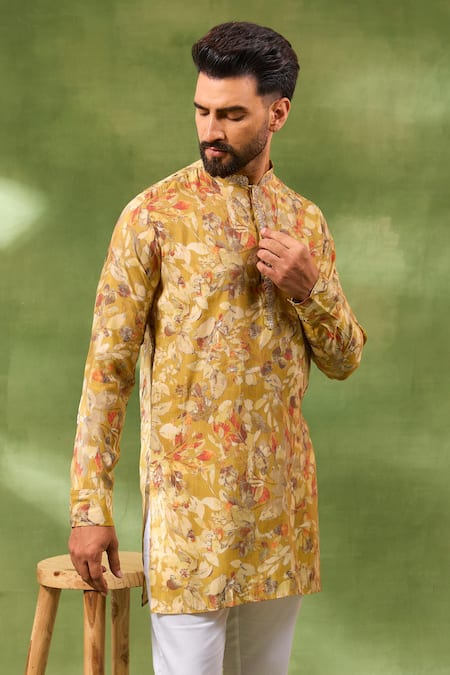 Buy_Spring Break_Yellow Silk, Cotton Embroidery Botanical Print Kurta Set _Online_at_Aza_Fashions