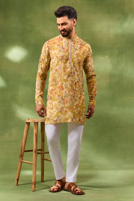 Shop_Spring Break_Yellow Silk, Cotton Embroidery Botanical Print Kurta Set _Online_at_Aza_Fashions