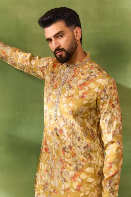Spring Break_Yellow Silk, Cotton Embroidery Botanical Print Kurta Set _at_Aza_Fashions