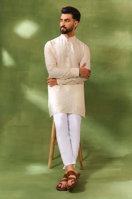 Buy_Spring Break_Ivory Silk, Cotton Embroidery Thread Kurta Set _Online_at_Aza_Fashions