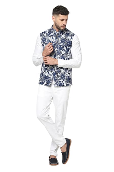Spring Break_Blue Cotton Tropical Print Nehru Jacket _Online_at_Aza_Fashions