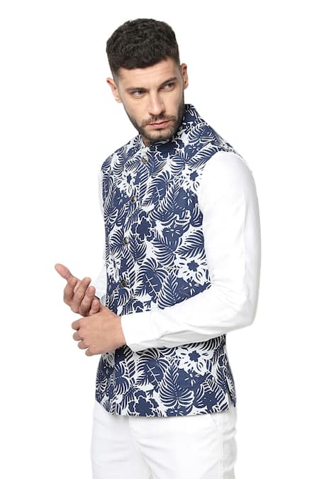 Shop_Spring Break_Blue Cotton Tropical Print Nehru Jacket _Online_at_Aza_Fashions
