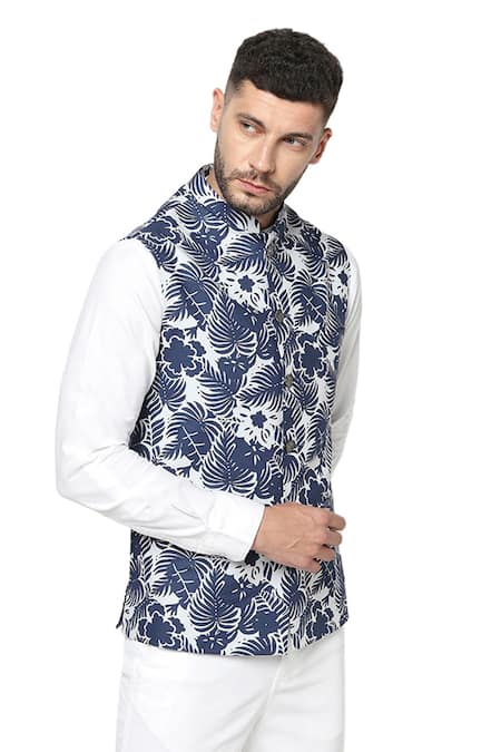 Spring Break_Blue Cotton Tropical Print Nehru Jacket _at_Aza_Fashions