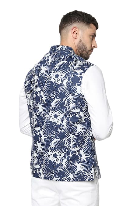 Spring Break Blue Tropical Print Nehru Jacket 