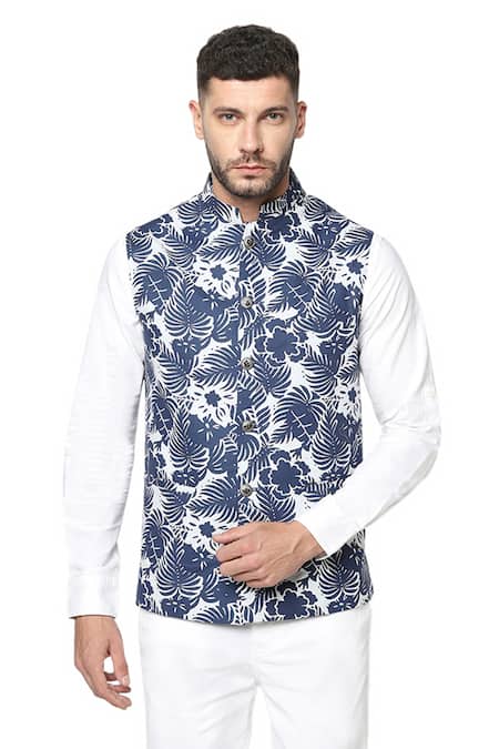 Spring Break Blue Tropical Print Nehru Jacket 