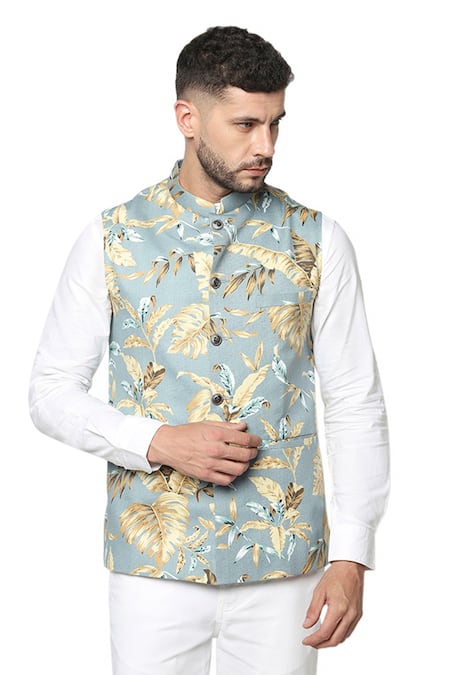 Spring Break Light Grey Tropical Print Nehru Jacket 